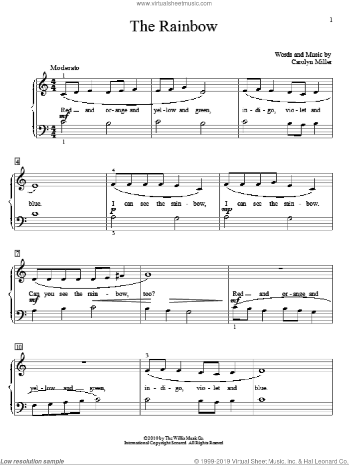 The Rainbow sheet music for piano solo (elementary) by Carolyn Miller, beginner piano (elementary)
