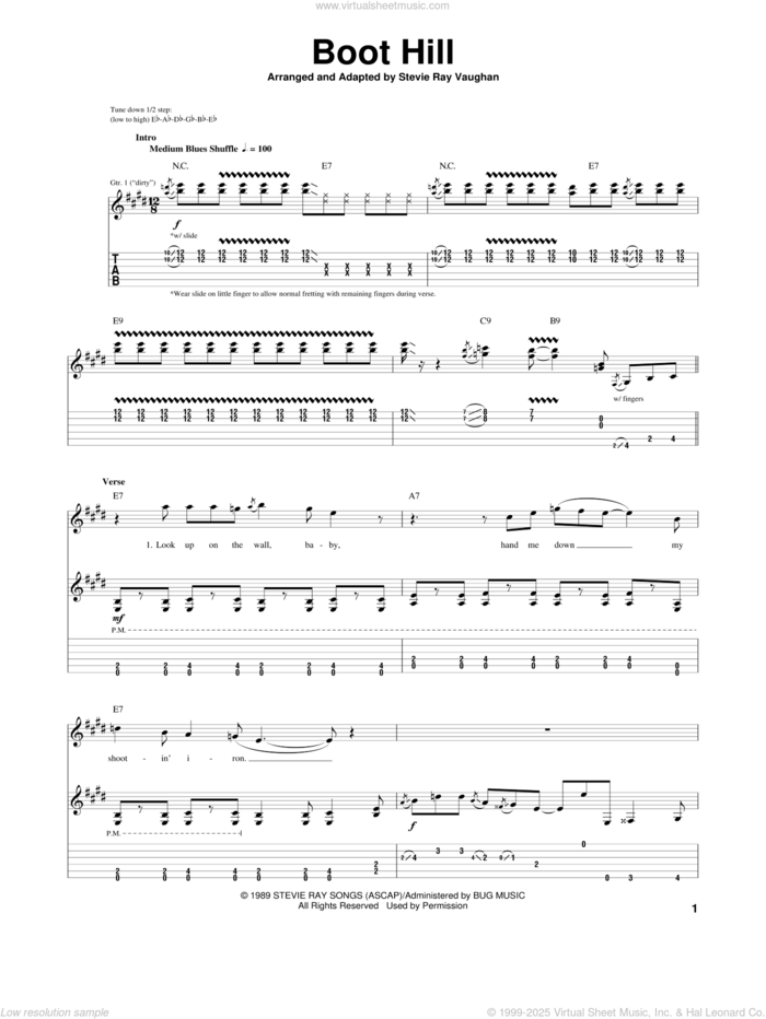 Boot Hill sheet music for guitar (tablature) by Stevie Ray Vaughan, intermediate skill level