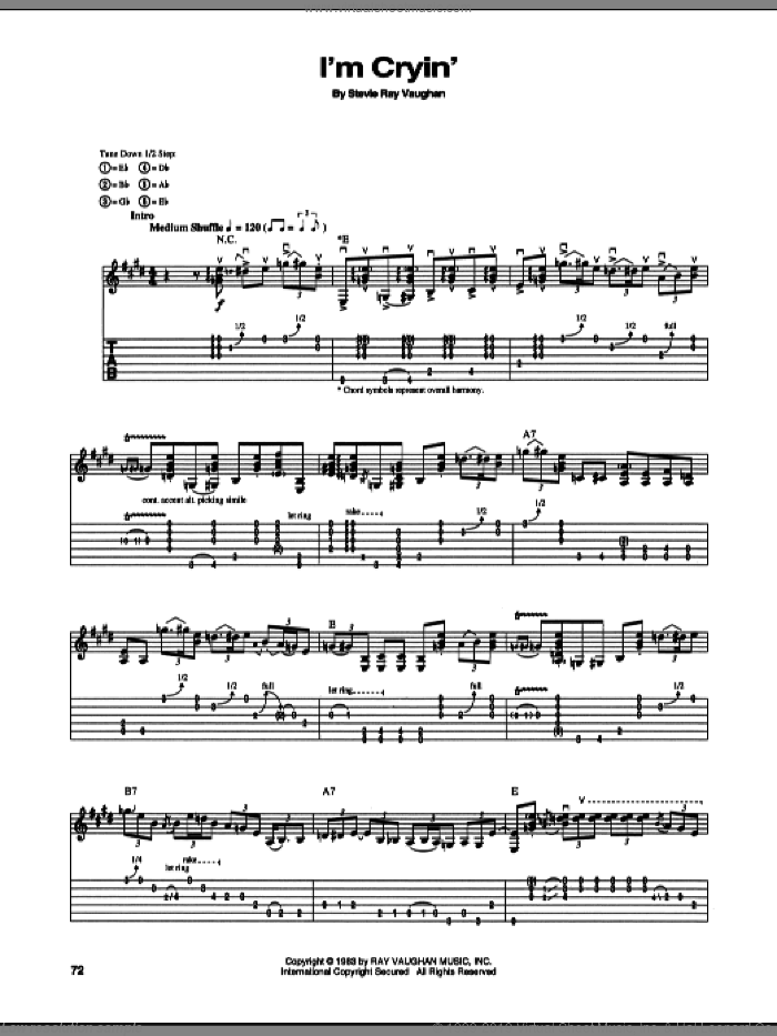 I'm Cryin' sheet music for guitar (tablature) by Stevie Ray Vaughan, intermediate skill level