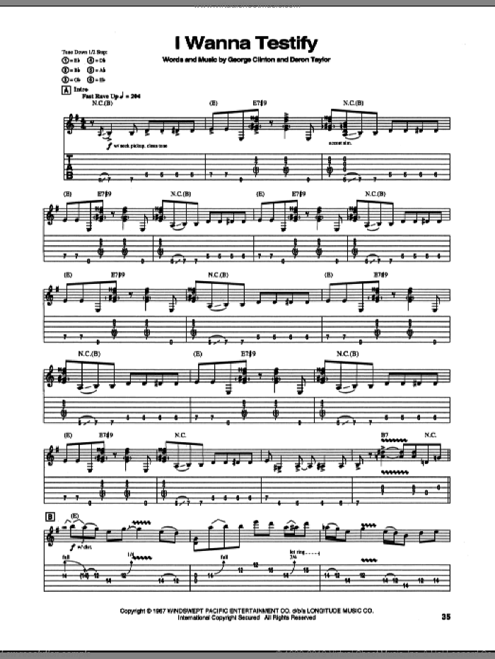 Testify sheet music for guitar (tablature) by Stevie Ray Vaughan, Deron Taylor and George Clinton, intermediate skill level