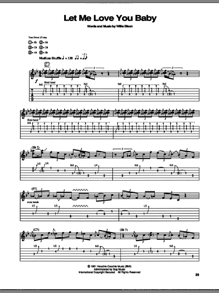 Let Me Love You Baby sheet music for guitar (tablature) by Stevie Ray Vaughan and Willie Dixon, intermediate skill level