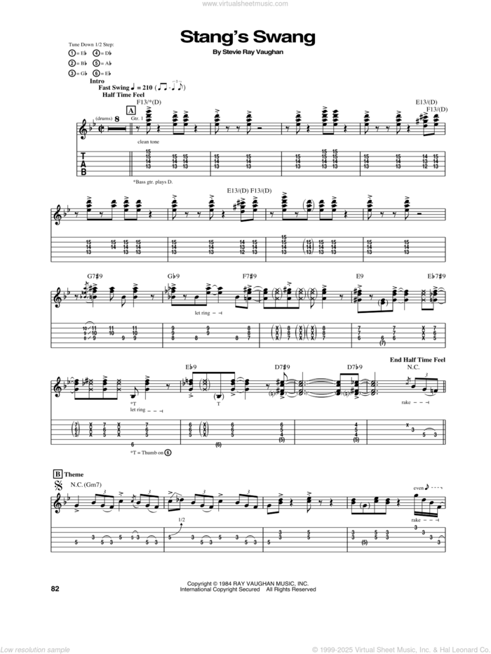 Stang's Swang sheet music for guitar (tablature) by Stevie Ray Vaughan, intermediate skill level