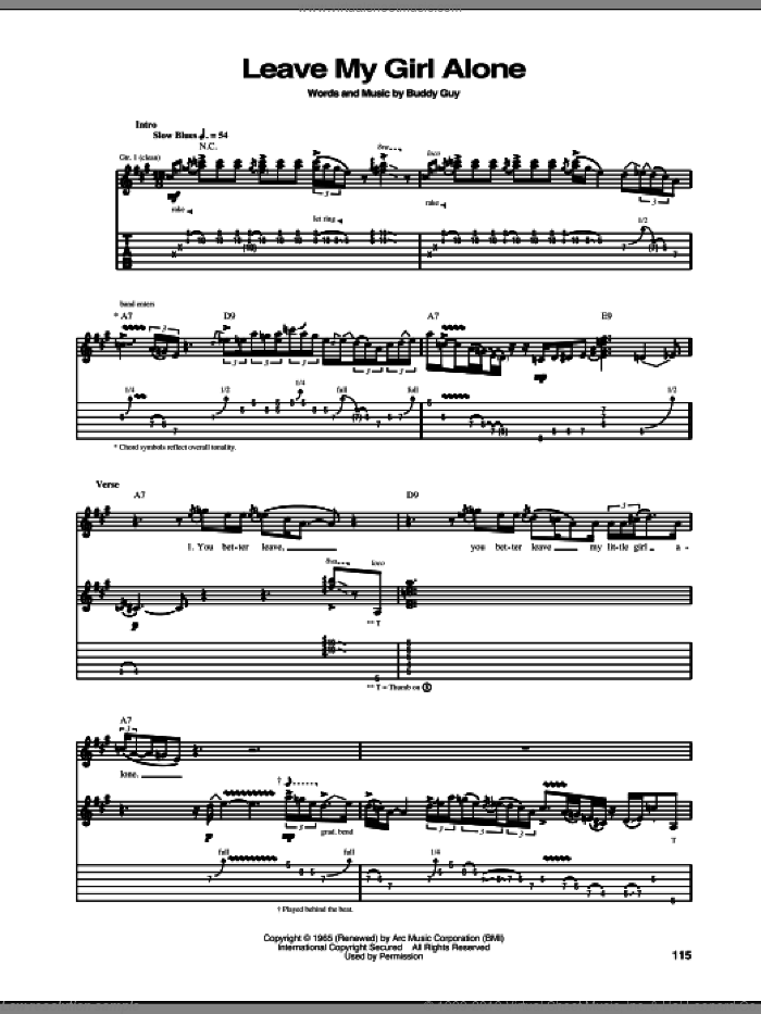 Leave My Girl Alone sheet music for guitar (tablature) by Stevie Ray Vaughan and Buddy Guy, intermediate skill level