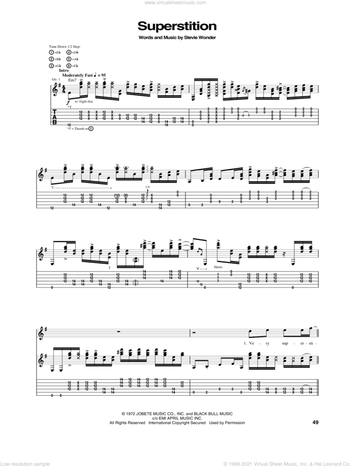 Superstition sheet music for guitar (tablature) by Stevie Ray Vaughan and Stevie Wonder, intermediate skill level