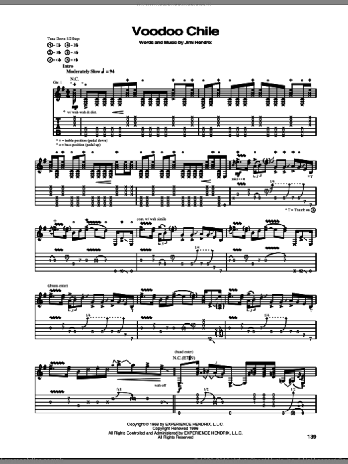 Voodoo Chile sheet music for guitar (tablature) by Stevie Ray Vaughan and Jimi Hendrix, intermediate skill level