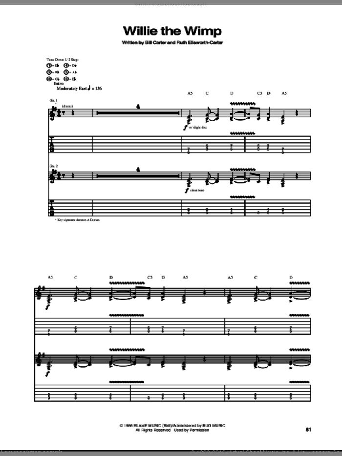Willie The Wimp sheet music for guitar (tablature) by Stevie Ray Vaughan, Bill Carter and Ruth Ellsworth, intermediate skill level