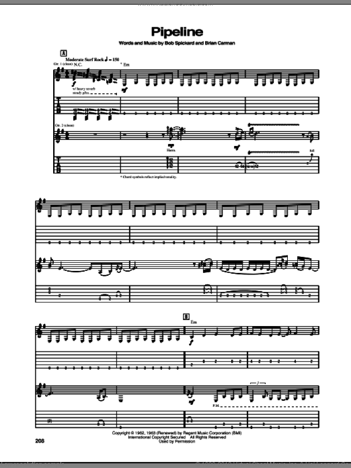 Pipeline sheet music for guitar (tablature) by Stevie Ray Vaughan, The Chantays, Bob Spickard and Brian Carman, intermediate skill level