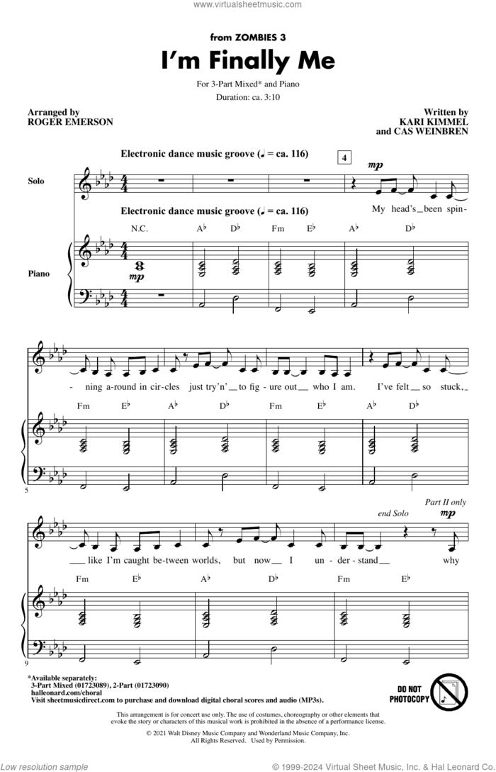 I'm Finally Me (from Disney's Zombies 3) (arr. Roger Emerson) sheet music for choir (3-Part Mixed) by Zombies Cast, Roger Emerson, Cas Weinbren and Kari Kimmel, intermediate skill level