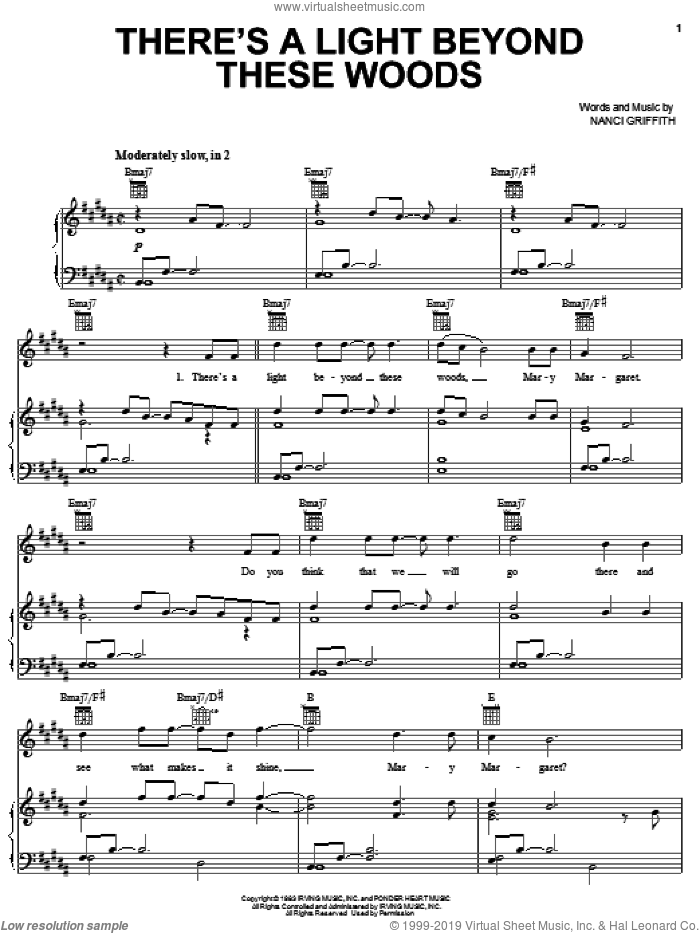There's A Light Beyond These Woods sheet music for voice, piano or guitar by Nanci Griffith, intermediate skill level