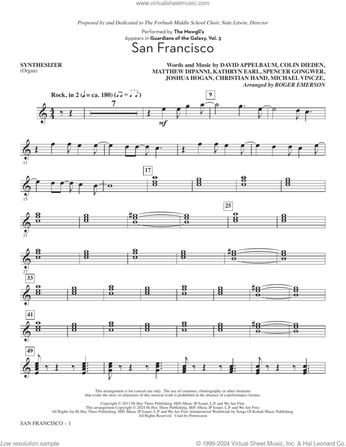 San Francisco (arr. Roger Emerson) (complete set of parts) sheet music for orchestra/band (Rhythm) by The Mowgli's, Christian James Hand, Colin Dieden, David Naftali Appelbaum, Joshua Hogan, Kathryn Jayne Earl, Matthew David Dipanni, Michael Vincze, Roger Emerson and Spencer Trent Gongwer, intermediate skill level