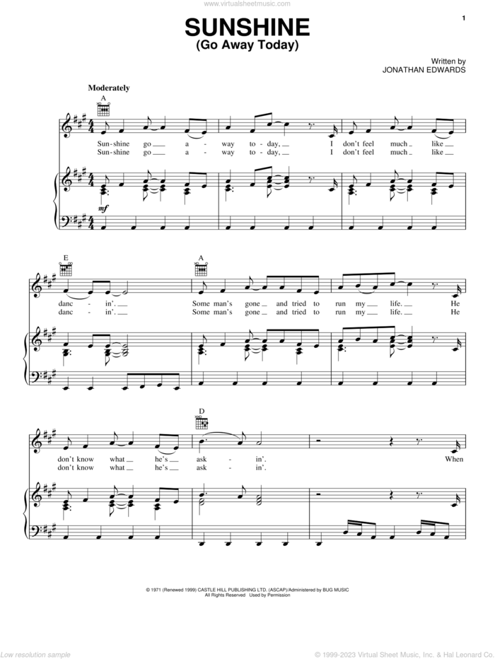 Sunshine (Go Away Today) sheet music for voice, piano or guitar by Jonathan Edwards, intermediate skill level