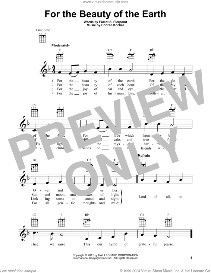 For The Beauty Of The Earth sheet music for ukulele by Conrad Kocher and Folliot S. Pierpoint, intermediate skill level