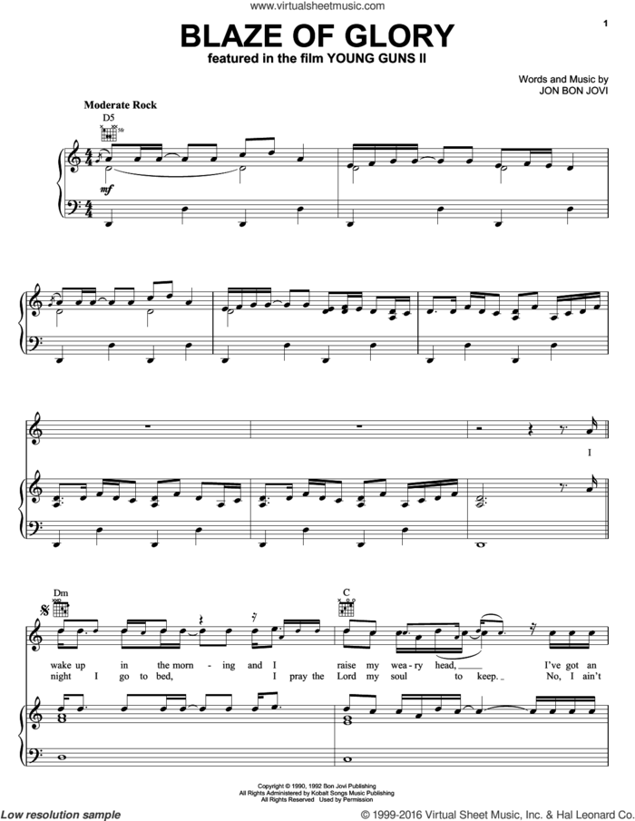 Blaze Of Glory sheet music for voice, piano or guitar by Bon Jovi, intermediate skill level