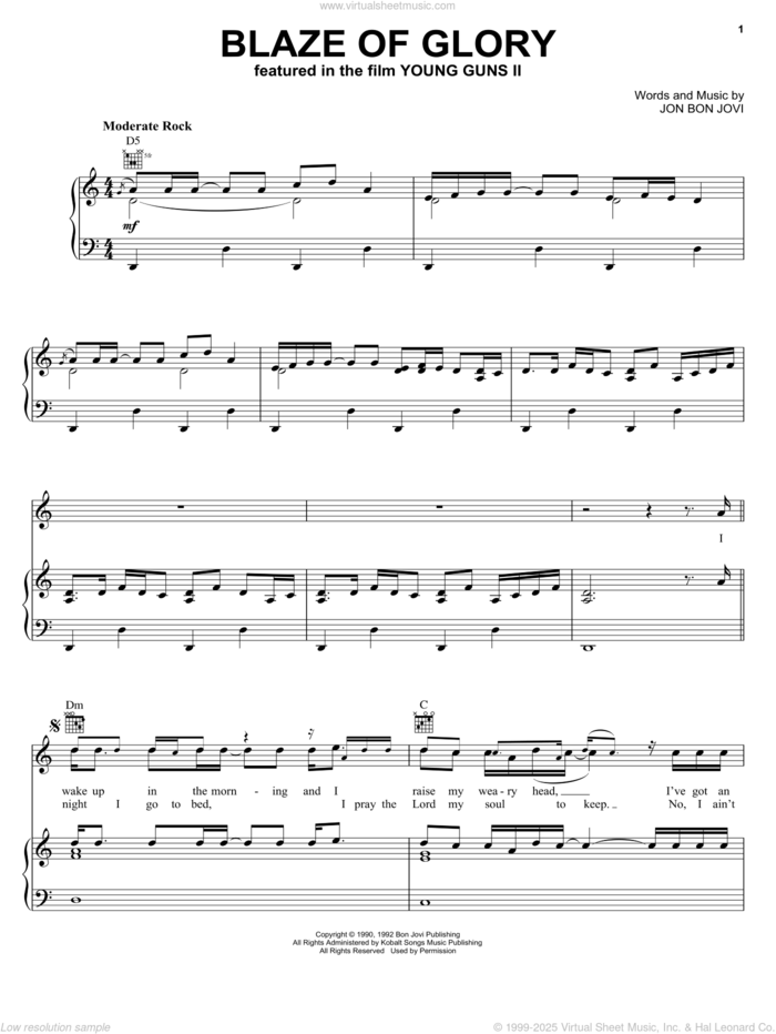 Blaze Of Glory sheet music for voice, piano or guitar by Bon Jovi, intermediate skill level