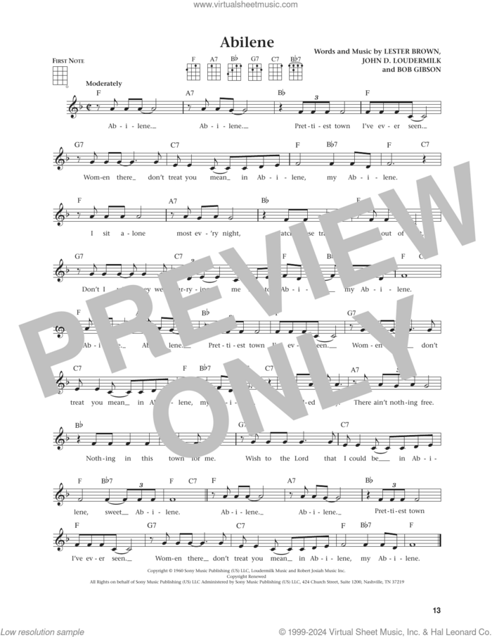 Abilene (from The Daily Ukulele) (arr. Jim Beloff) sheet music for ukulele by George Hamilton IV, Jim Beloff, Bob Gibson, John D. Loudermilk and Lester Brown, intermediate skill level