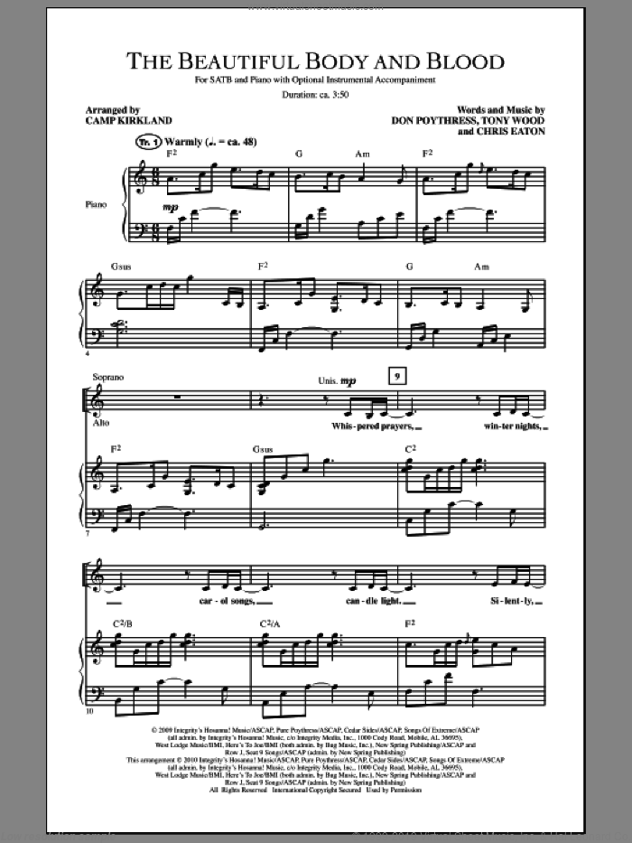 The Beautiful Body And Blood sheet music for choir (SATB: soprano, alto, tenor, bass) by Tony Wood, Chris Eaton, Don Poythress and Camp Kirkland, intermediate skill level