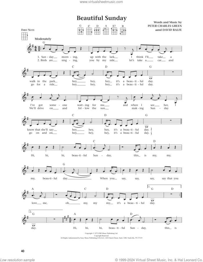 Beautiful Sunday (from The Daily Ukulele) (arr. Jim Beloff) sheet music for ukulele by Daniel Boone, Jim Beloff, David Balfe and Peter Charles Green, intermediate skill level