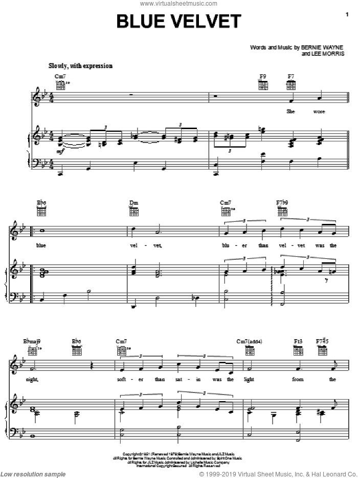 Blue Velvet sheet music for voice, piano or guitar by Bobby Vinton, Tony Bennett, Bernie Wayne and Lee Morris, intermediate skill level
