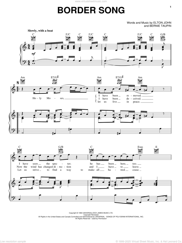 Border Song sheet music for voice, piano or guitar by Elton John and Bernie Taupin, intermediate skill level