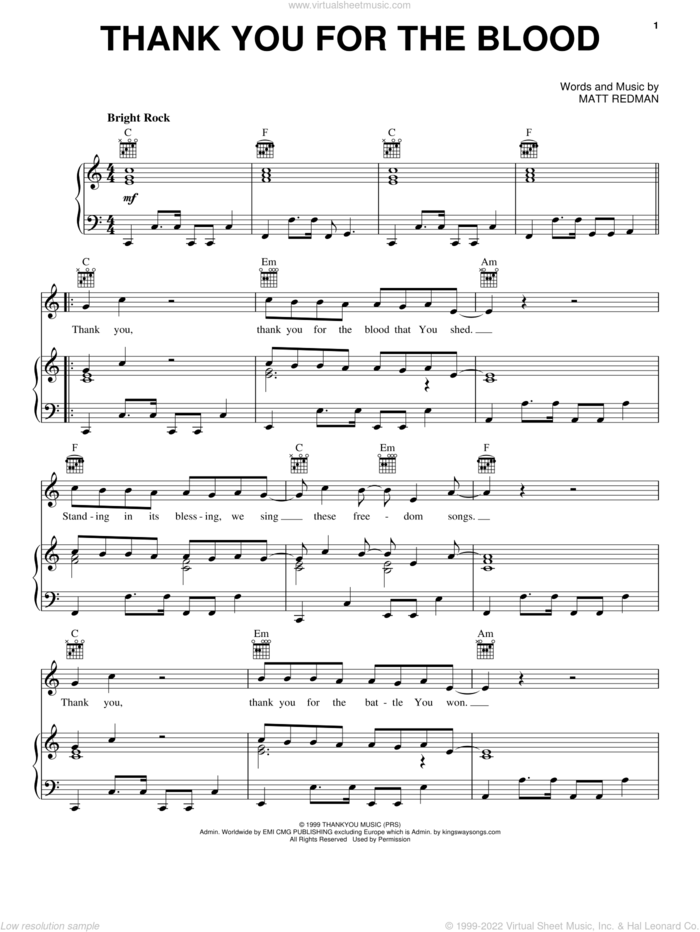 Thank You For The Blood sheet music for voice, piano or guitar by Matt Redman, intermediate skill level