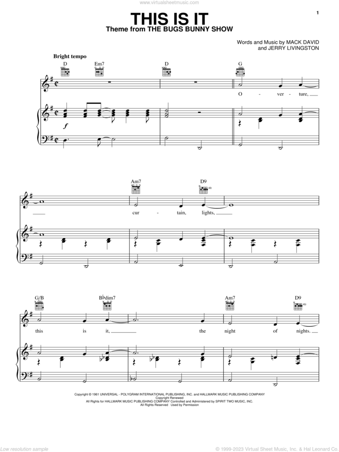 This Is It sheet music for voice, piano or guitar by The Bugs Bunny Show, Jerry Livingston and Mack David, intermediate skill level