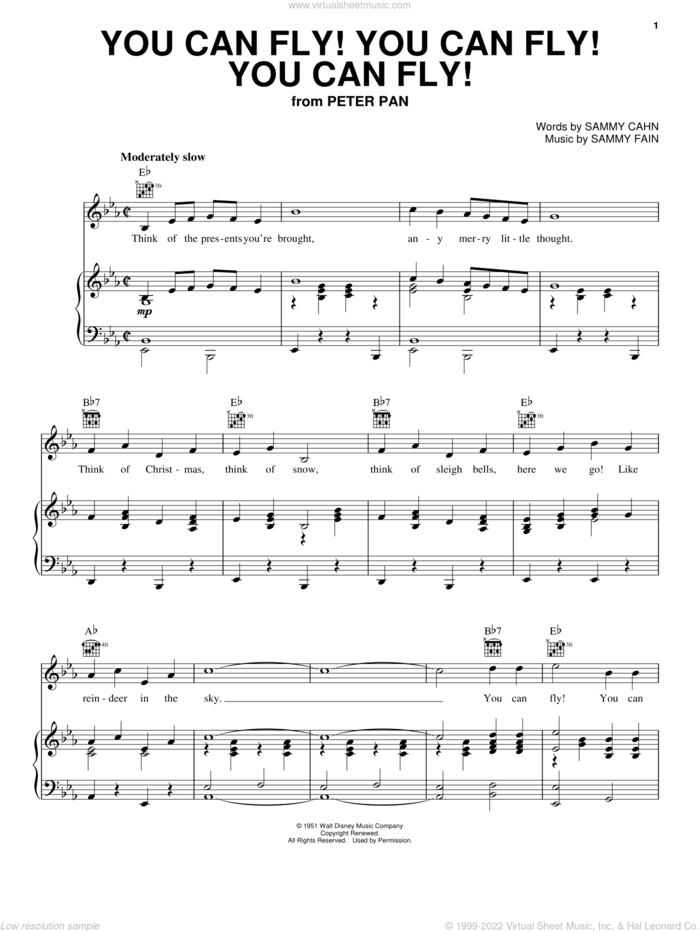 You Can Fly! You Can Fly! You Can Fly! (from Peter Pan) sheet music for voice, piano or guitar by Sammy Cahn and Sammy Fain, intermediate skill level