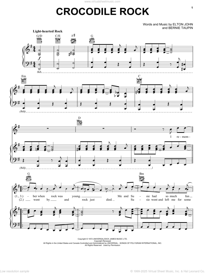 Crocodile Rock sheet music for voice, piano or guitar by Elton John and Bernie Taupin, intermediate skill level