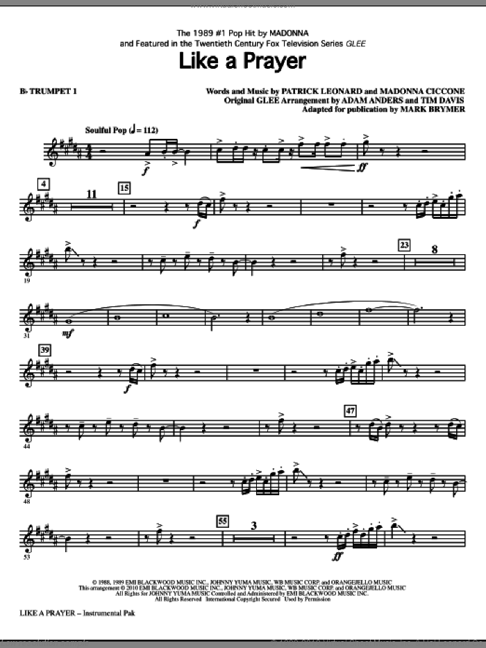 Like A Prayer (complete set of parts) sheet music for orchestra/band by Mark Brymer, Adam Anders and Tim Davis, Glee Cast, Madonna, Miscellaneous, Patrick Leonard and Tim Davis, intermediate skill level