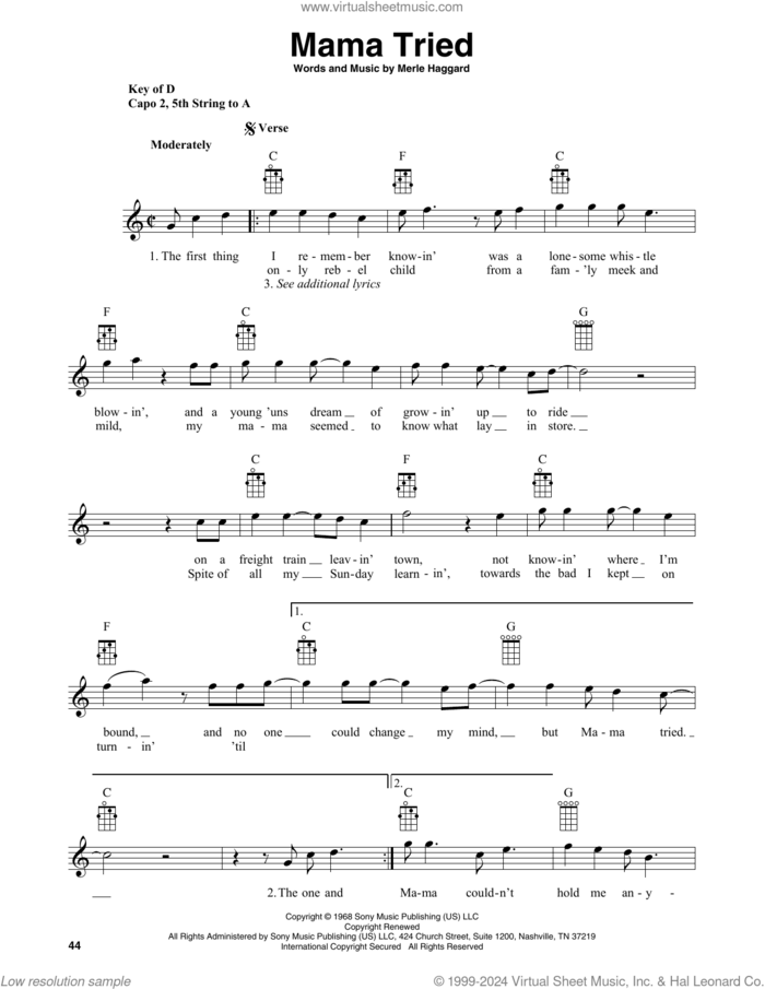 Mama Tried (arr. Fred Sokolow) sheet music for banjo solo by Merle Haggard and Fred Sokolow, intermediate skill level