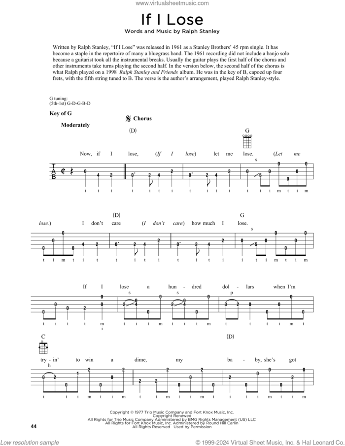 If I Lose (arr. Fred Sokolow) sheet music for banjo solo by Ralph Stanley and Fred Sokolow, intermediate skill level