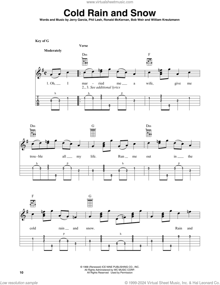 Cold Rain And Snow (arr. Fred Sokolow) sheet music for banjo solo by Grateful Dead, Fred Sokolow, Bob Weir, Jerry Garcia, Phil Lesh, Ronald McKernan and William Kreutzmann, intermediate skill level