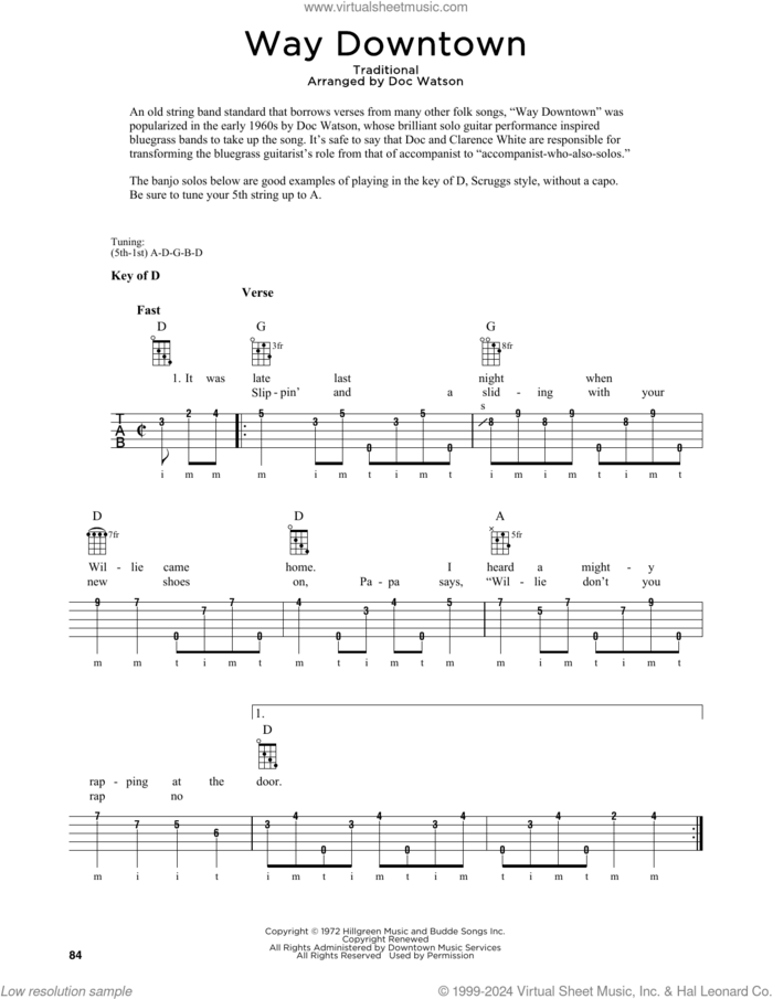 Way Downtown (arr. Fred Sokolow) sheet music for banjo solo by Nitty Gritty Dirt Band & Doc Watson, Fred Sokolow, Doc Watson and Miscellaneous, intermediate skill level