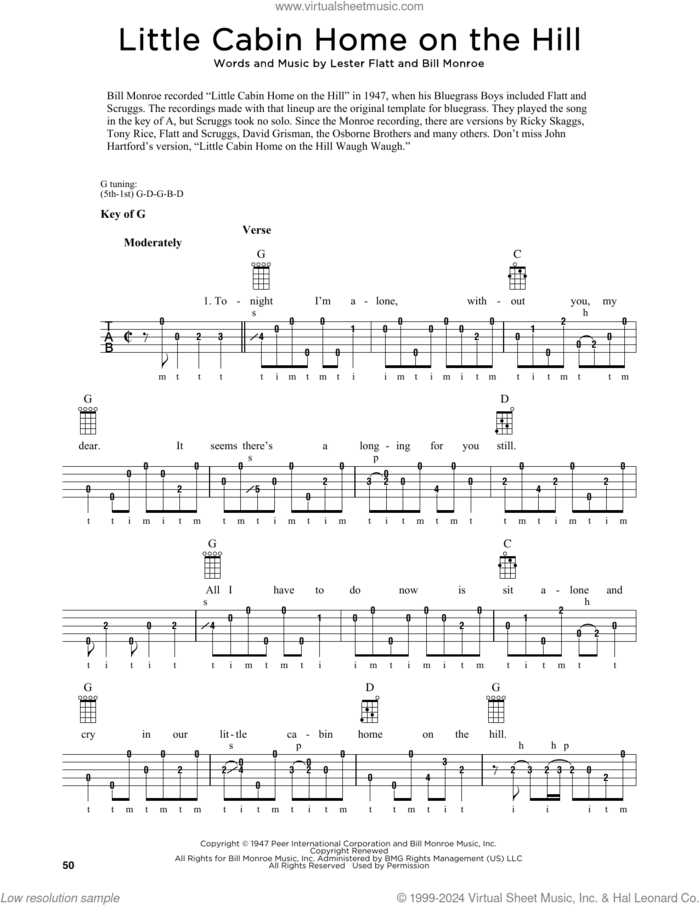 Little Cabin Home On The Hill (arr. Fred Sokolow) sheet music for banjo solo by Bill Monroe, Fred Sokolow and Lester Flatt, intermediate skill level