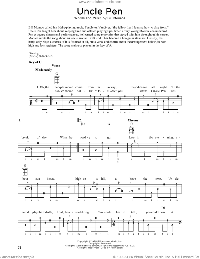 Uncle Pen (arr. Fred Sokolow) sheet music for banjo solo by Bill Monroe, Fred Sokolow and Ricky Skaggs, intermediate skill level