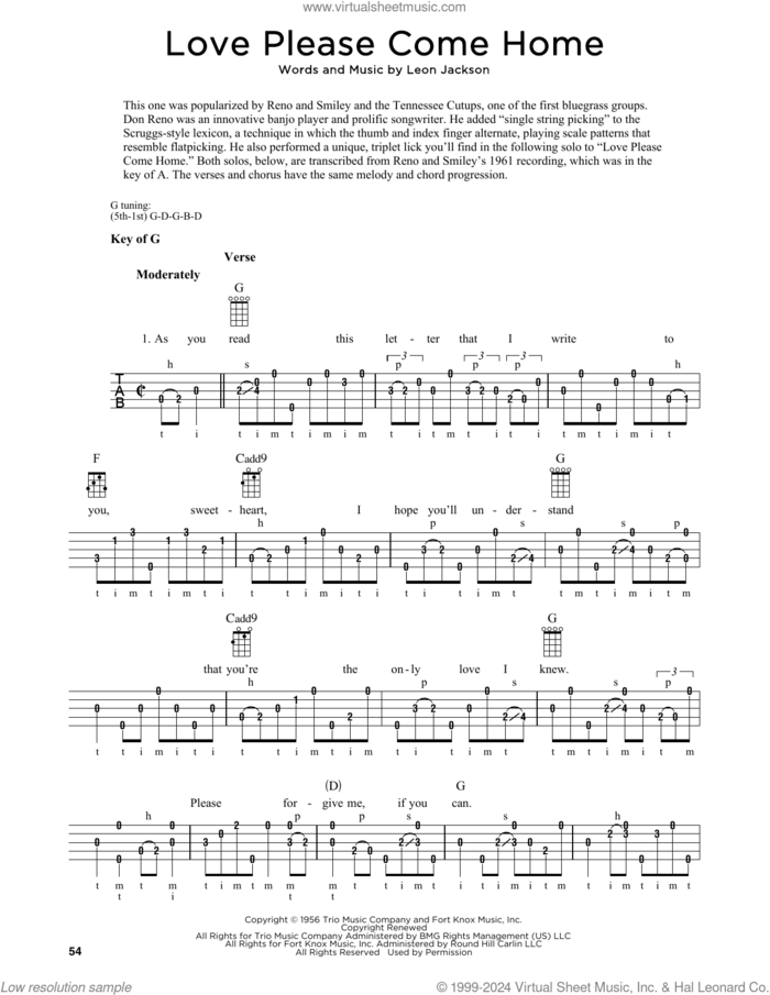 Love Please Come Home (arr. Fred Sokolow) sheet music for banjo solo by Leon Jackson and Fred Sokolow, intermediate skill level