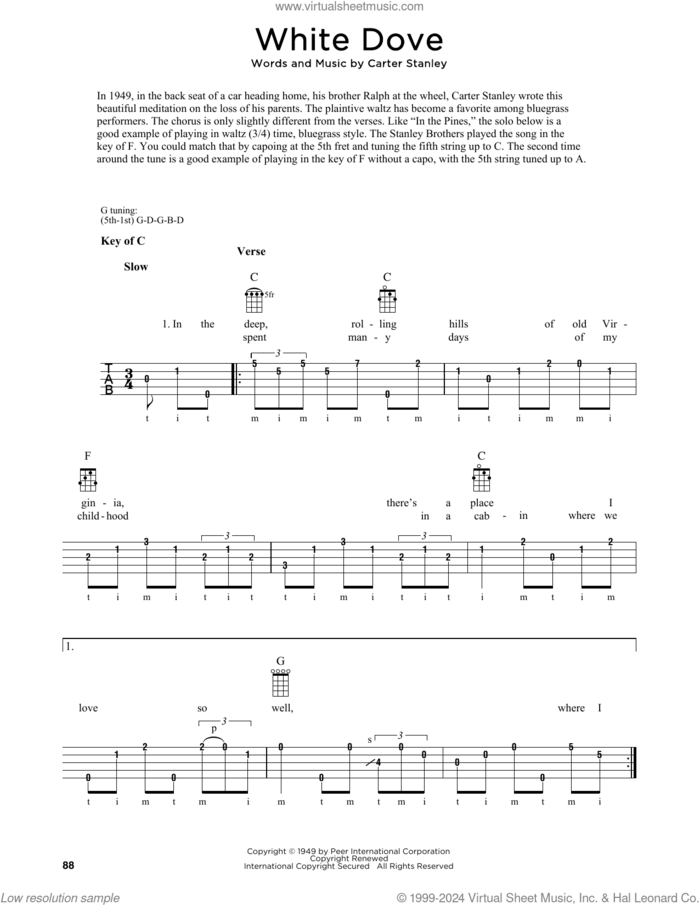 White Dove (arr. Fred Sokolow) sheet music for banjo solo by The Stanley Brothers, Fred Sokolow and Carter Stanley, intermediate skill level