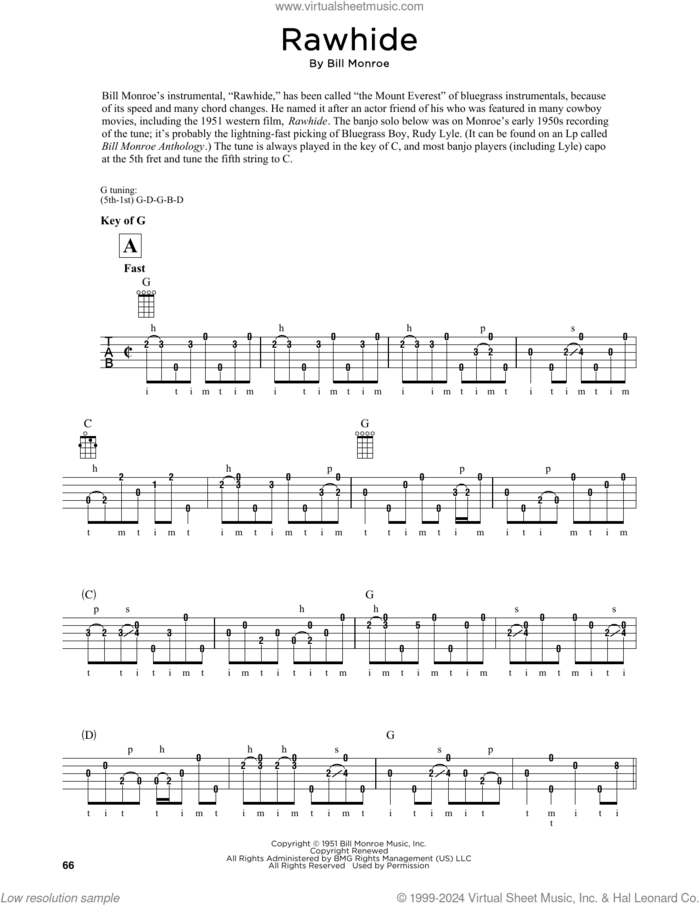 Rawhide (arr. Fred Sokolow) sheet music for banjo solo by Bill Monroe and Fred Sokolow, intermediate skill level