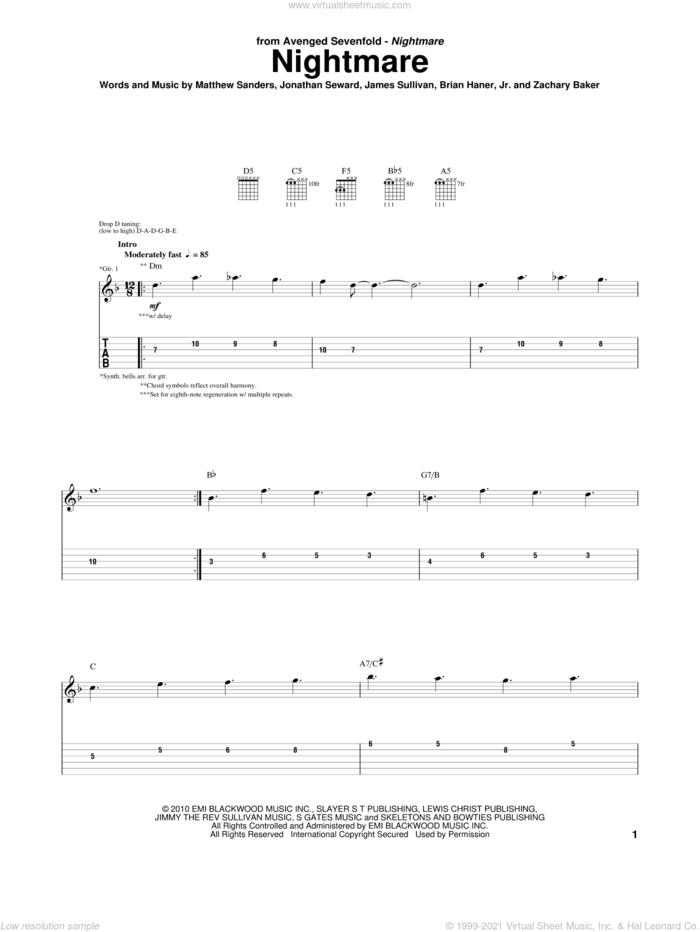 Nightmare sheet music for guitar (tablature) by Avenged Sevenfold, Brian Haner, Jr., James Sullivan, Matthew Sanders and Zachary Baker, intermediate skill level