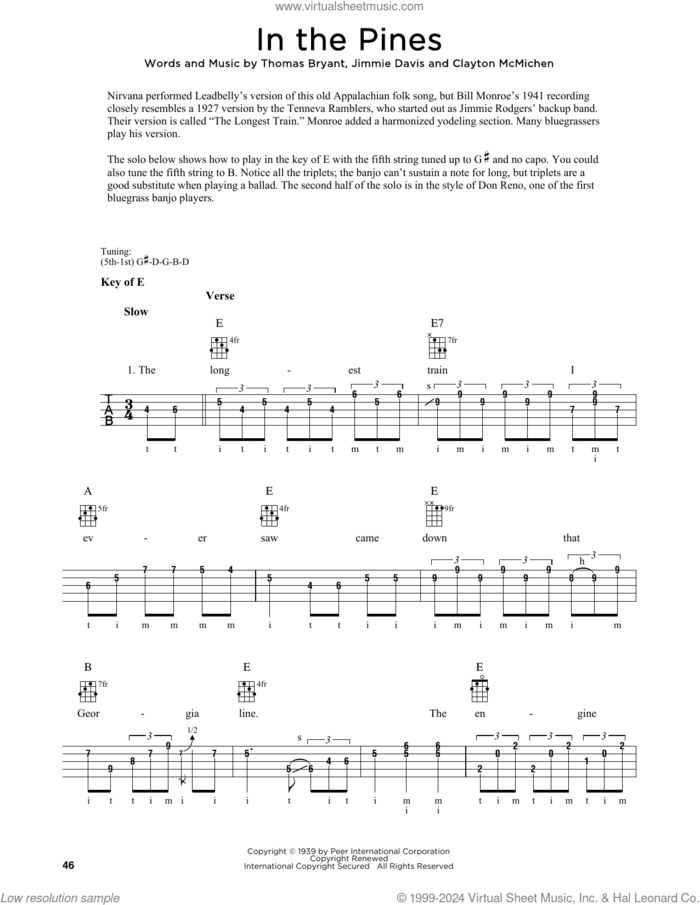 In The Pines (arr. Fred Sokolow) sheet music for banjo solo by Jimmie Davis, Fred Sokolow, Clayton McMichen and Thomas Bryant, intermediate skill level