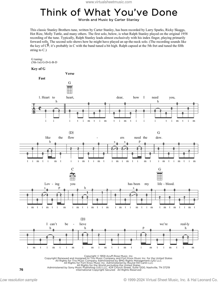 Think Of What You've Done (arr. Fred Sokolow) sheet music for banjo solo by Carter Stanley and Fred Sokolow, intermediate skill level