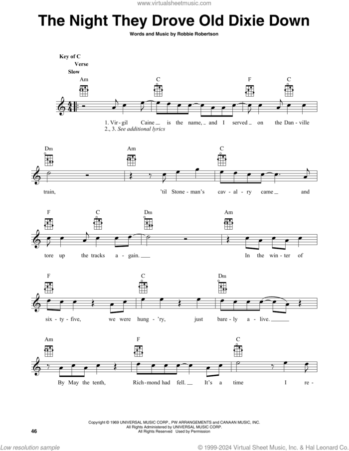 The Night They Drove Old Dixie Down (arr. Fred Sokolow) sheet music for banjo solo by The Band, Fred Sokolow, Joan Baez and Robbie Robertson, intermediate skill level