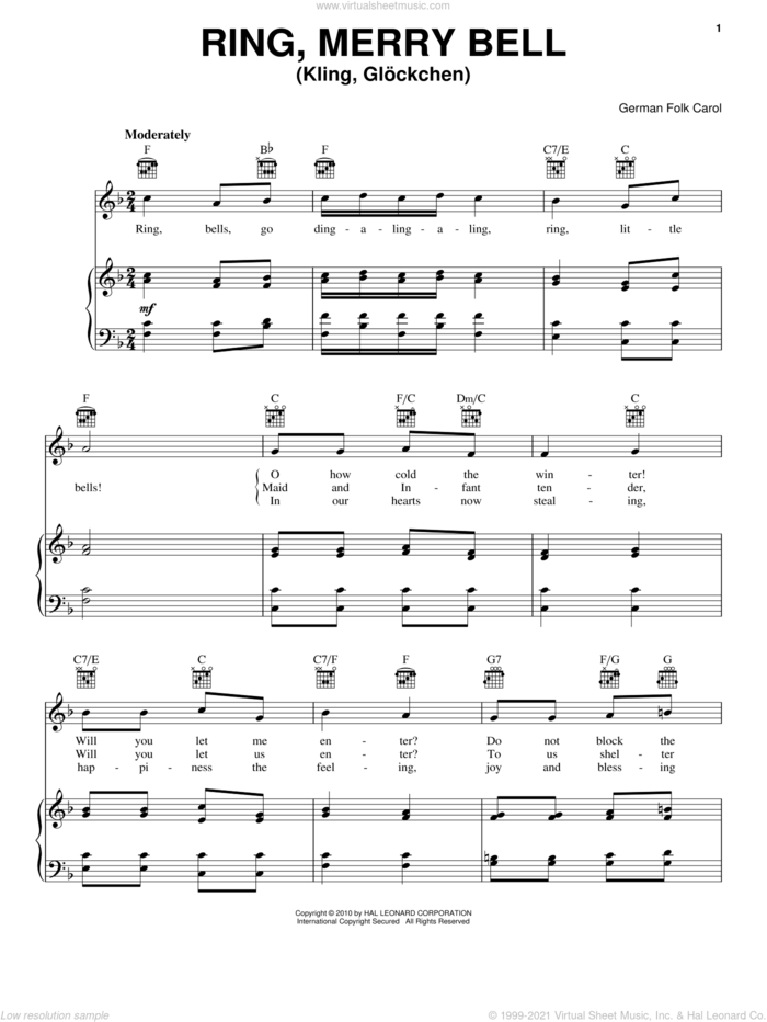 Kling, Glockchen (Ring, Merry Bell) sheet music for voice, piano or guitar, intermediate skill level
