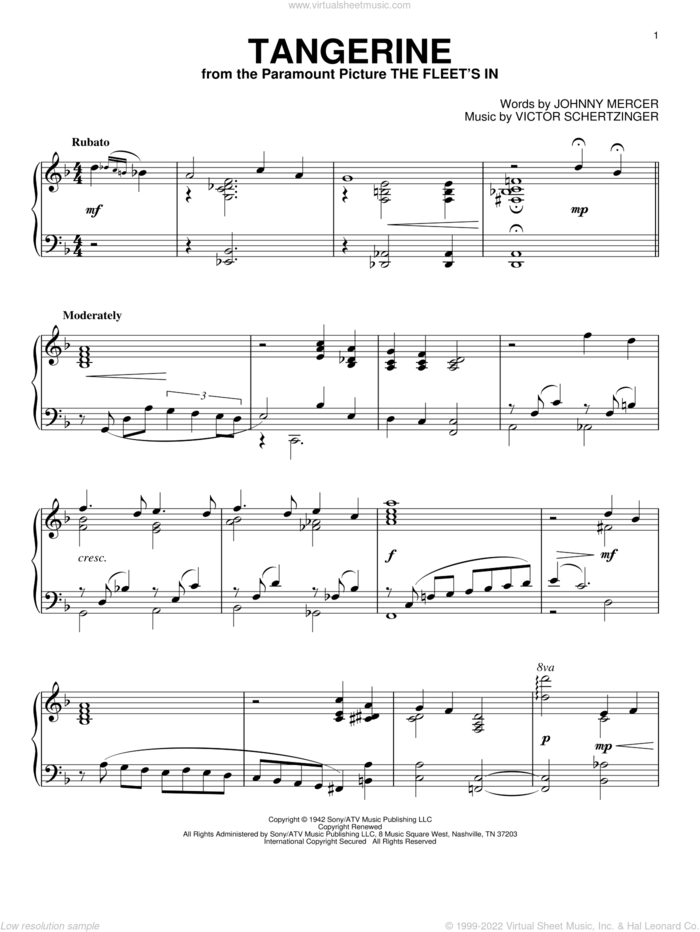 Tangerine, (intermediate) sheet music for piano solo by Johnny Mercer and Victor Schertzinger, intermediate skill level