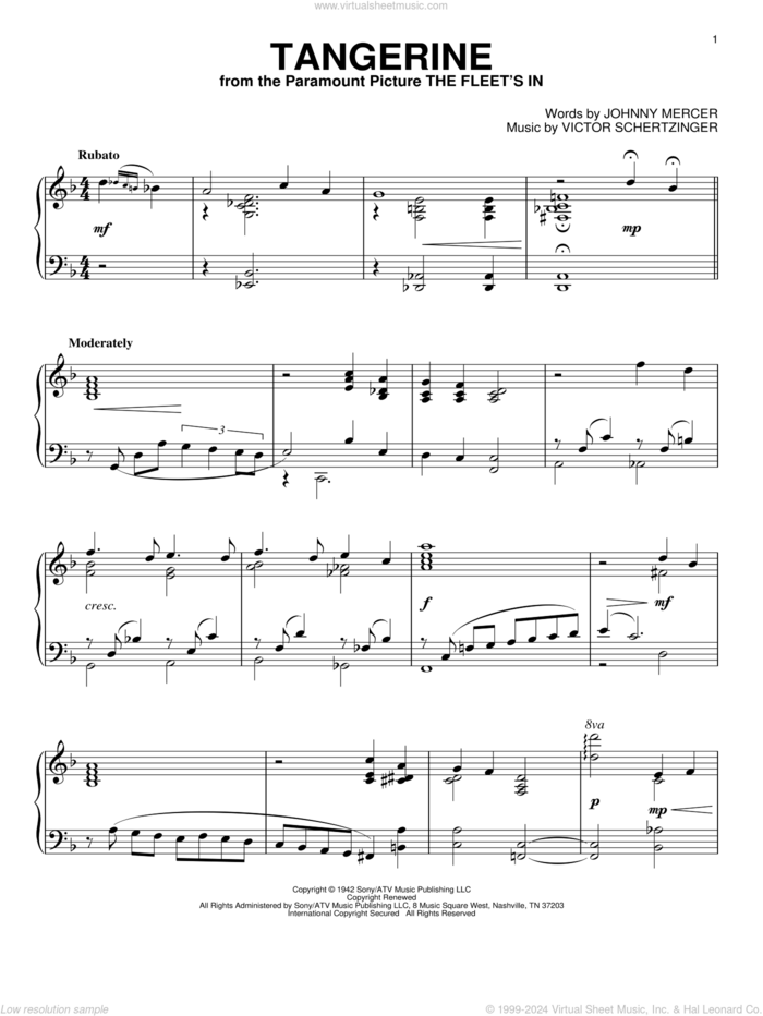 Tangerine, (intermediate) sheet music for piano solo by Johnny Mercer and Victor Schertzinger, intermediate skill level