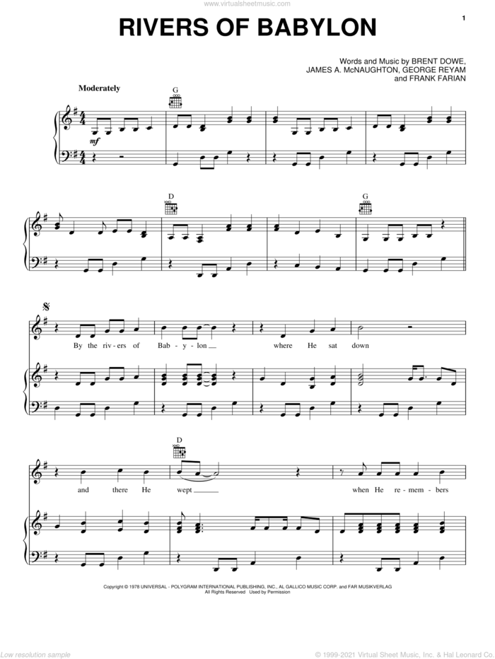 Rivers Of Babylon sheet music for voice, piano or guitar by The Melodians, Boney M., Frank Farian, George Reyam and James McNaughton, intermediate skill level