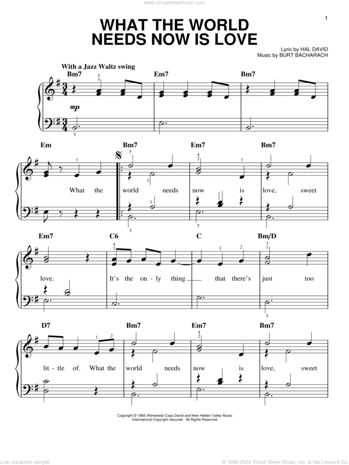 What The World Needs Now Is Love, (easy) sheet music for piano solo by Bacharach & David, Burt Bacharach and Hal David, easy skill level