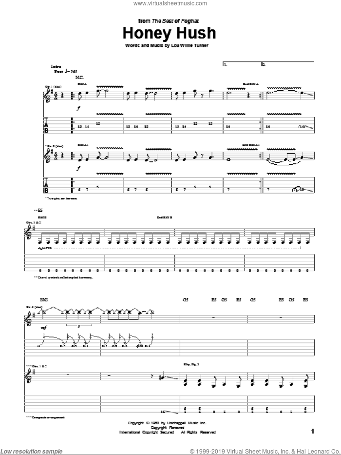 Honey Hush sheet music for guitar (tablature) by Foghat and Lou Willie Turner, intermediate skill level
