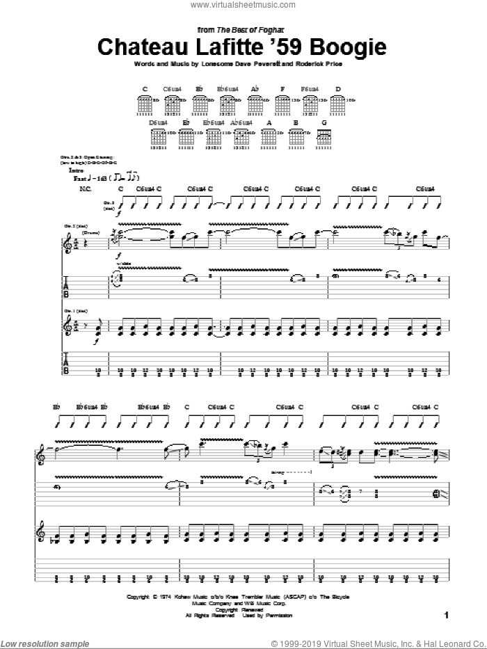 Chateau Lafitte '59 Boogie sheet music for guitar (tablature) by Foghat, Lonesome Dave Peverett and Roderick Price, intermediate skill level