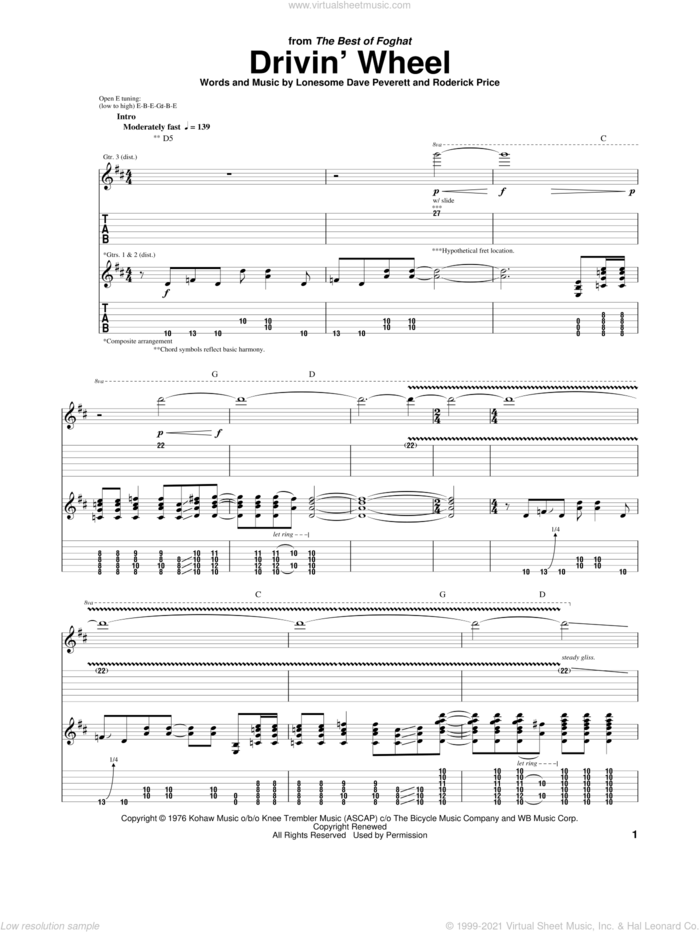 Drivin' Wheel sheet music for guitar (tablature) by Foghat, Lonesome Dave Peverett and Roderick Price, intermediate skill level