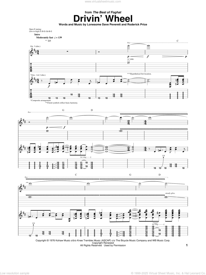 Drivin' Wheel sheet music for guitar (tablature) by Foghat, Lonesome Dave Peverett and Roderick Price, intermediate skill level